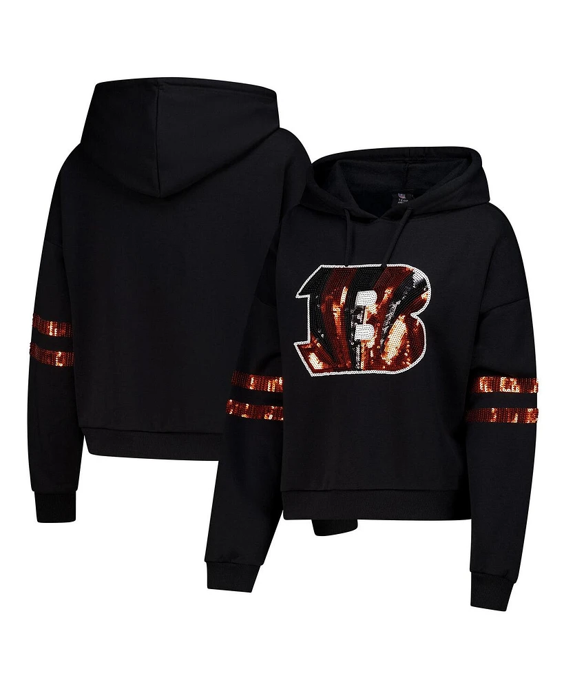 Cuce Women's Black Cincinnati Bengals Cropped Sequins Pullover Hoodie