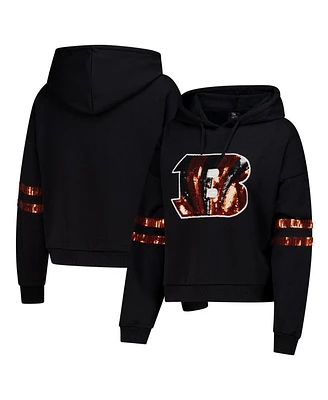 Cuce Women's Black Cincinnati Bengals Cropped Sequins Pullover Hoodie