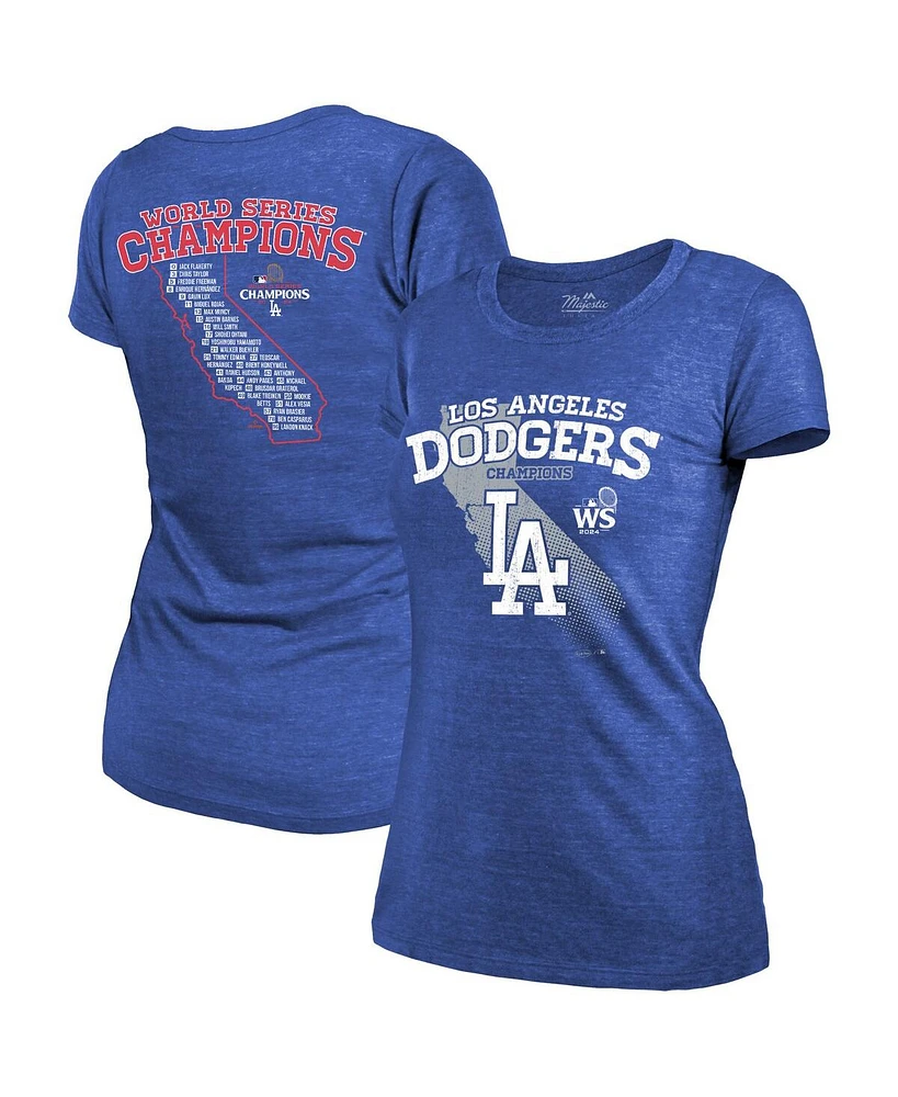 Majestic Women's Royal Los Angeles Dodgers 2024 World Series Champions Tri-Blend Roster T-Shirt