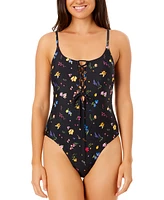 Salt + Cove Juniors' Printed Lace-Up Scoop-Neck One-Piece Swimsuit, Exclusively at Macy's