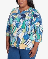 Alfred Dunner Plus Drama Floral Three Quarter Sleeve Top