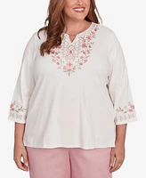 Alfred Dunner Plus Coming Up Roses Split Beaded Neck Embroidered Knit Top