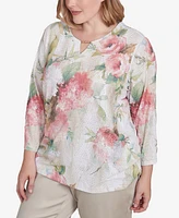 Alfred Dunner Plus Coming Up Roses Hydrangea Beaded Split Neck Top