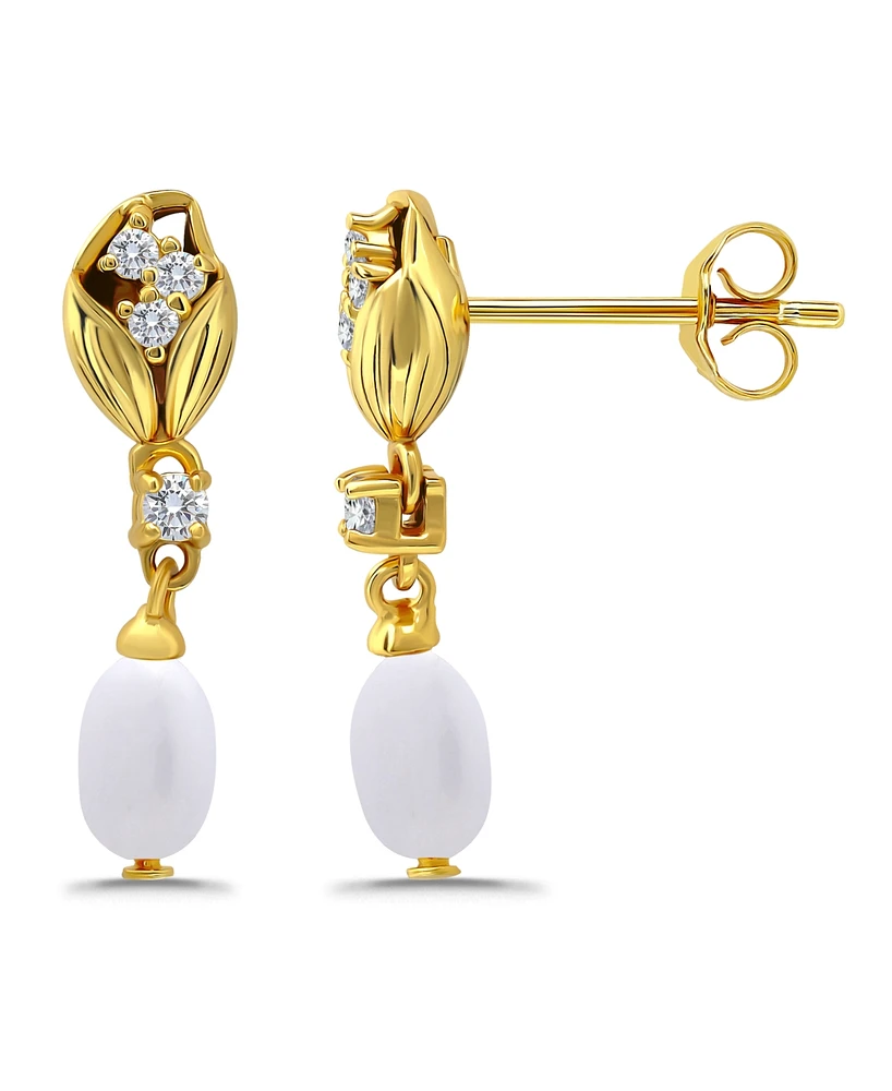 Macy Oval Freshwater Cultured Pearl Drop Cubic Zirconia Tulip Design Post Earrings