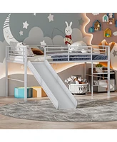 Gouun Twin Metal Loft Bed with Slide Safety Guardrails and Built-in Ladder