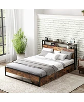 Gouun Queen Bed Frame with 2-Tier Storage Headboard and Charging Station-Queen Size