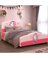 Gouun Kids Children Upholstered Platform Toddler Girl Pattern Bed