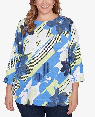 Ruby Rd. Plus Size Diagonal Striped Floral Top