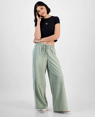 Hippie Rose Juniors' Side-Stripe Wide-Leg Track Pants