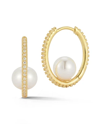 Rachel Zoe 14K Gold Plated Sterling Silver Pave Hoop Earrings With Pearl