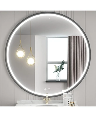 keonjinn Round 3 Color Adjustable Led Metal Framed Wall Mirror with Anti-fog