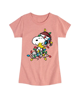 Peanuts Big Girls Snoopy Christmas Lights Graphic Short Sleeve Tee