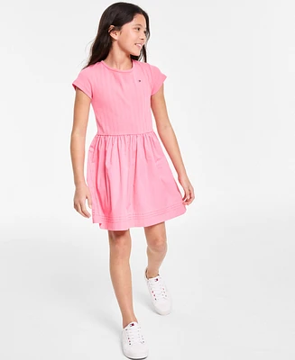 Tommy Hilfiger Big Girls Knit-to-Woven Short-Sleeve Dress