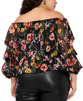 Vince Camuto Plus Floral Off The Shoulder Bubble Sleeve Tie Front Blouse