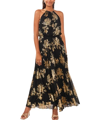 Msk Petite Pleated Gold-Print Gown