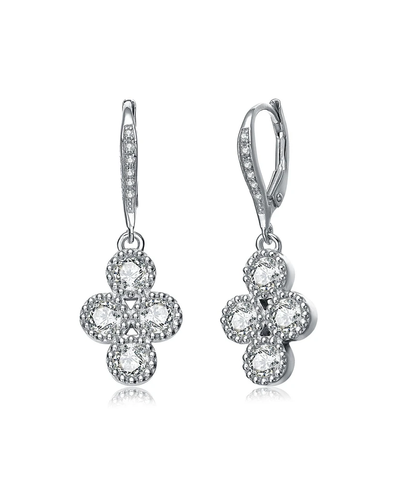 Genevive Sterling Silver White Gold Plated with Clear Cubic Zirconia Dangling Earrings