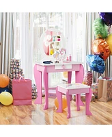 Gouun Kids Wooden Makeup Dressing Table and Chair Set with Mirror and Drawer