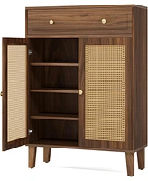 Tribesigns Shoe Cabinet with Doors and Drawer, Modern Shoe Storage Cabinet for Entryway, Rattan Shoes Cabinet with Adjustable Shelf, Wooden Shoe Organ