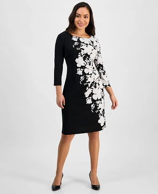 Connected Petite Printed 3/4-Sleeve Sheath Dress