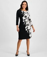 Connected Petite Printed 3/4-Sleeve Sheath Dress