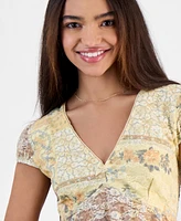 Madden Girl Juniors' V-Neck Cap Sleeve Babydoll Lace Top
