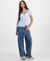 Hippie Rose Juniors' Eyelet Babydoll Short-Sleeve Top