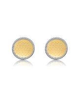 Rachel Glauber Two-Tone Round Milgrain Medallion Stud Earrings in White Gold Plated & 14K Gold Plated