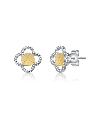 Rachel Glauber Two-Tone Milgrain Medallion Flower Stud Earrings in White Gold Plated or 14K Gold Plated