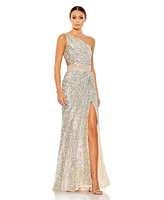 Mac Duggal Women's Sequined One Shoulder Draped Lace Up Gown