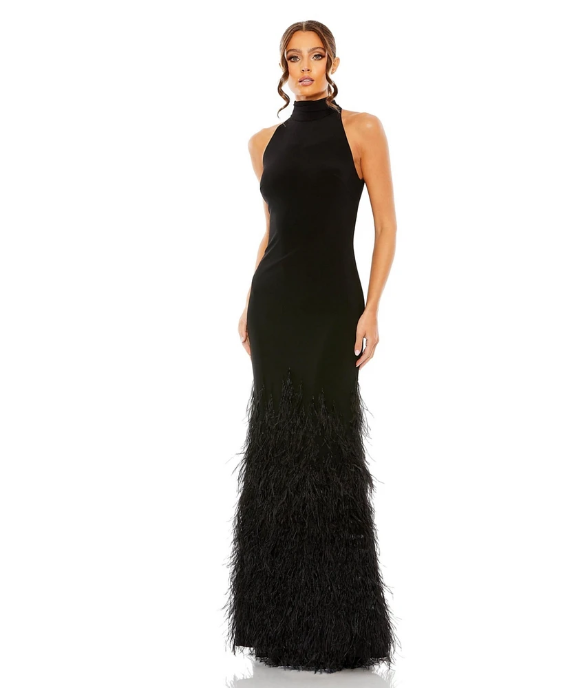 Mac Duggal Women's Jersey Halter Gown with Feather Tiered Detail