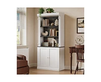 gaomon Tall Storage Bookcase with 3-Tier Open Shelves and Double Door, Roman Column Design and 4 Adjustable Lights