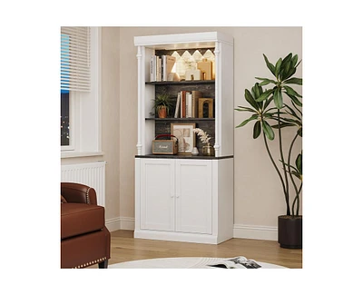 gaomon Tall Storage Bookcase with 3-Tier Open Shelves and Double Door, Roman Column Design and 4 Adjustable Lights