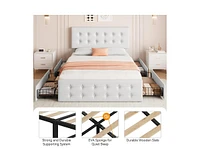 gaomon Queen Size Bed Frame with 4 Storage Drawers and Headboard, Pu Upholstered Platform Bed Frame with Stitched Button Tufted Design