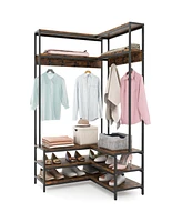 Gouun Corner Garment Rack with Open Shelves and 7 Hooks Shoe Bench