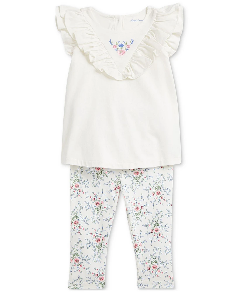 Polo Ralph Lauren Baby Cotton Ruffled Top & Floral Leggings Set