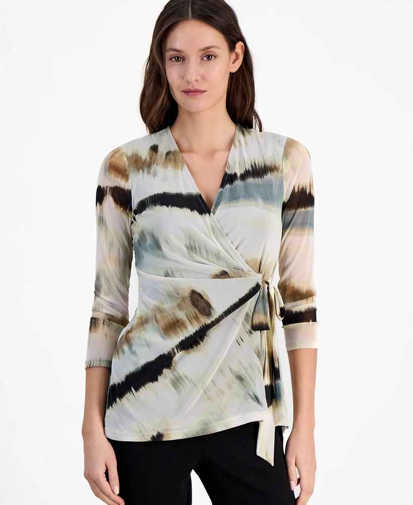 Anne Klein Women's Printed-Mesh 3/4-Sleeve Wrap Top