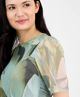 Anne Klein Women's Abstract-Print Elbow-Sleeve Mesh Top