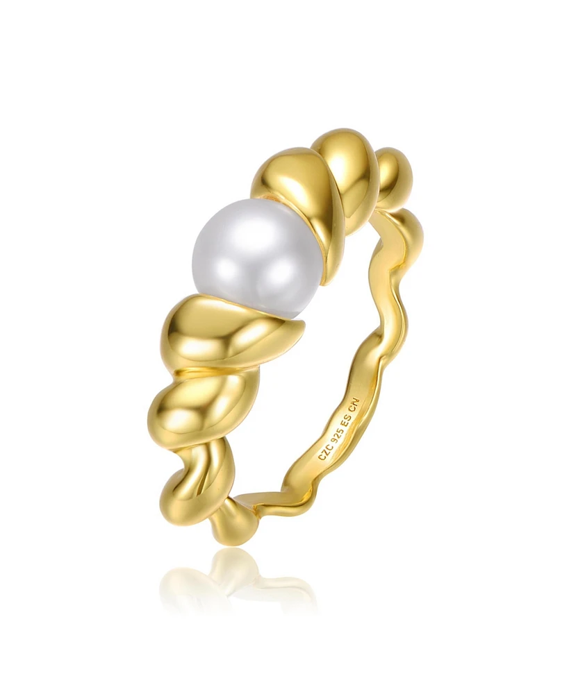 Genevive Sterling Silver 14K Gold Plated with Freshwater Pearl Scalloped Seashell Ring