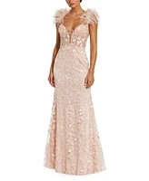 Mac Duggal Women's Sheer Applique Bustier Gown with Feather Straps