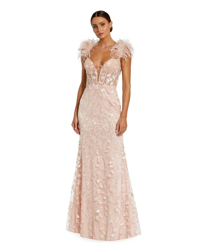 Mac Duggal Women's Sheer Applique Bustier Gown with Feather Straps