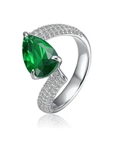 Rachel Glauber White Gold Plated with Green Pear-Shaped Cubic Zirconia Bypass Ring