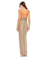 Mac Duggal Women's One Shoulder Ruched Side Front Slit Sequin Gown