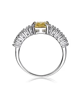 Genevive Sterling Silver with White Gold Plated Yellow Asscher with Clear Cubic Zirconia Cluster Ring