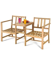 Gymax 3 in 1 Acacia Wood Furniture Set Patio Outdoor w/ Cushion Coffee Table