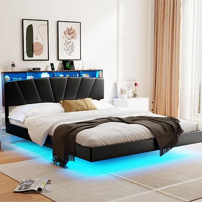 Dyhome Floating Bed Frame Queen with Headboard Storage, Bed Frame Queen Size with Charging Station & Led Lights, Pu Leather Upholstered Platform Bed F