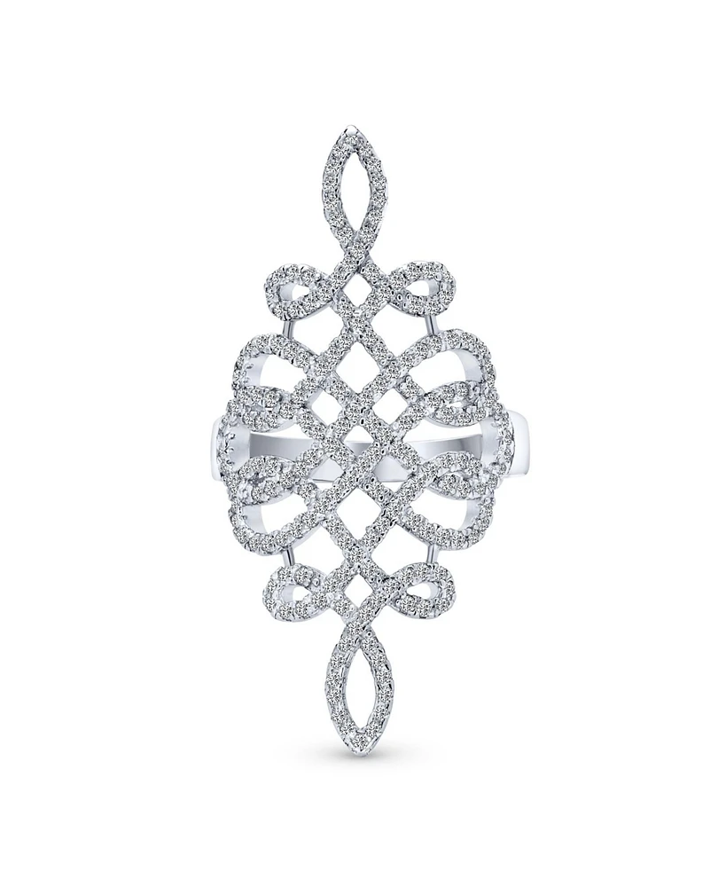 Bling Jewelry Large Pave Cubic Zirconia Art Deco Elegant Full Finger Armor Cz Statement Swirl Infinity Ring Sterling Silver