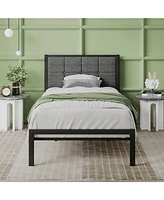 Slickblue Metal Platform Bed Frame with Button Tufted Upholstered Headboard