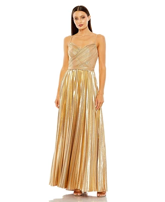 Women's Metallic Slim Strap Deep V Pleated Gown