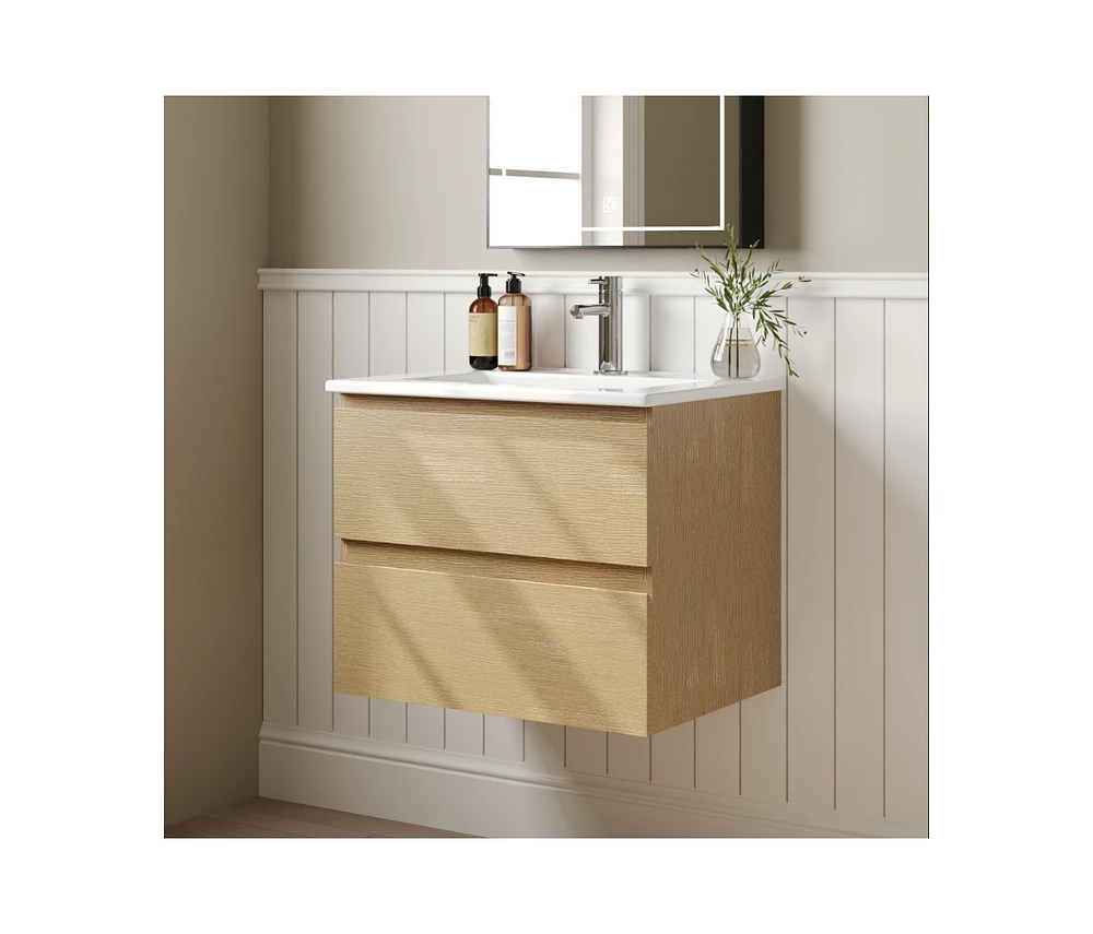 DeerValley 24" Wall Mounted Bathroom Vanity with Ceramic Top, Two Soft Closing Drawers