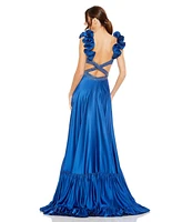 Mac Duggal Women's Beaded Cross Cut Out Ruffled Strap A Line Gown